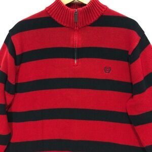 CHAPS Mens XL Red Black Striped‎ Quarter Zip Mock Neck Sweater Cotton
